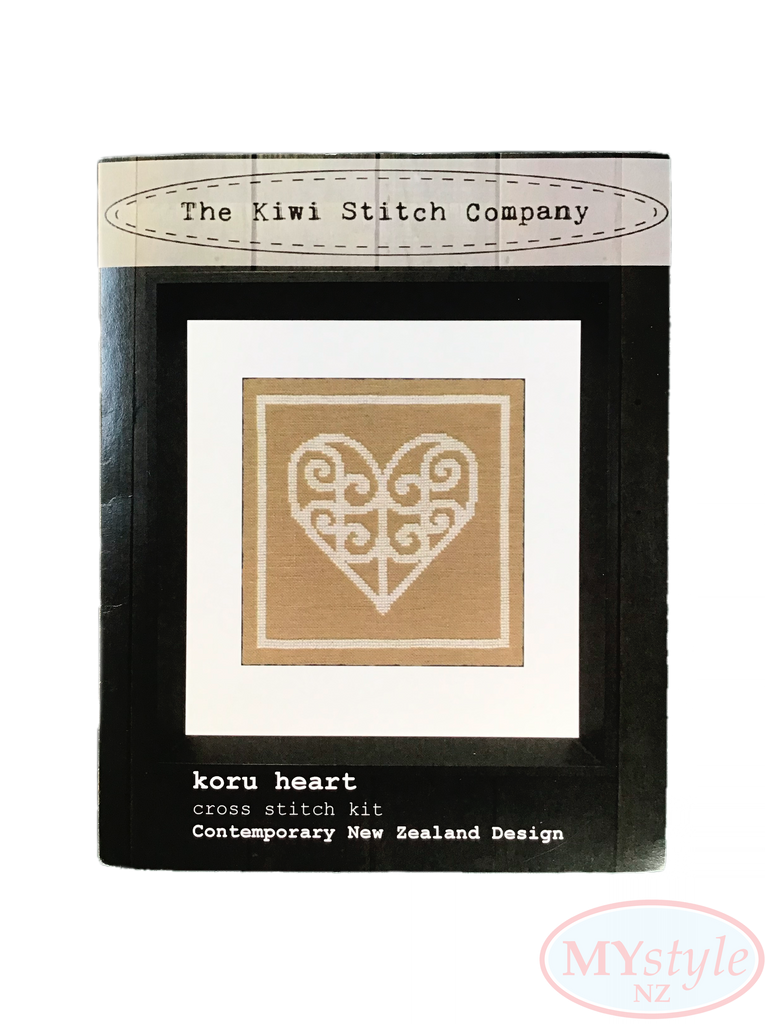 Kiwi Stitch Company, Koru Heart Cross Stitch Kit - Cream on Taupe